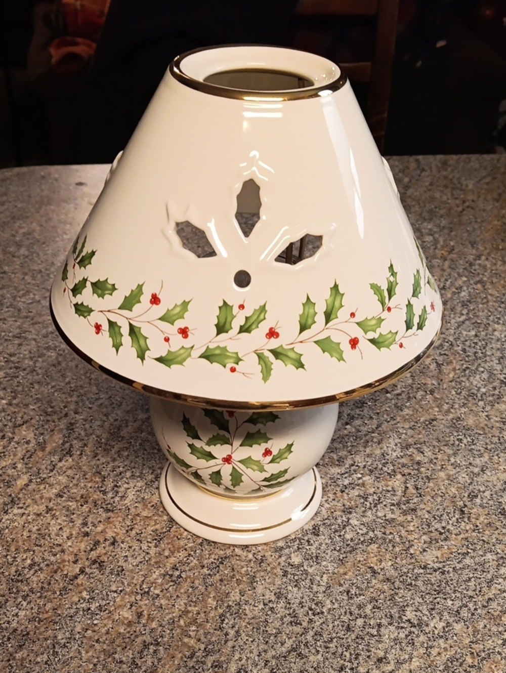 Lenox White Porcelain Holly Motif Table Candle Lamp with Gold Trim